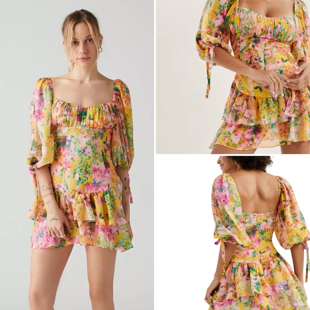 For Love And Lemons Nina Puff Sleeve Floral Yellow Mini Dress - Size Medium
